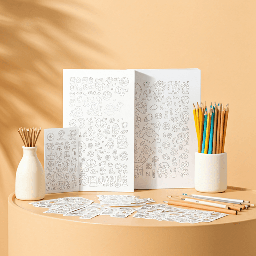 Gift set with book, stickers and coloring pencils on a table