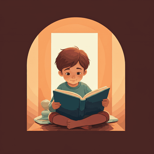 Child reading a physical book in a cozy nook with warm lighting