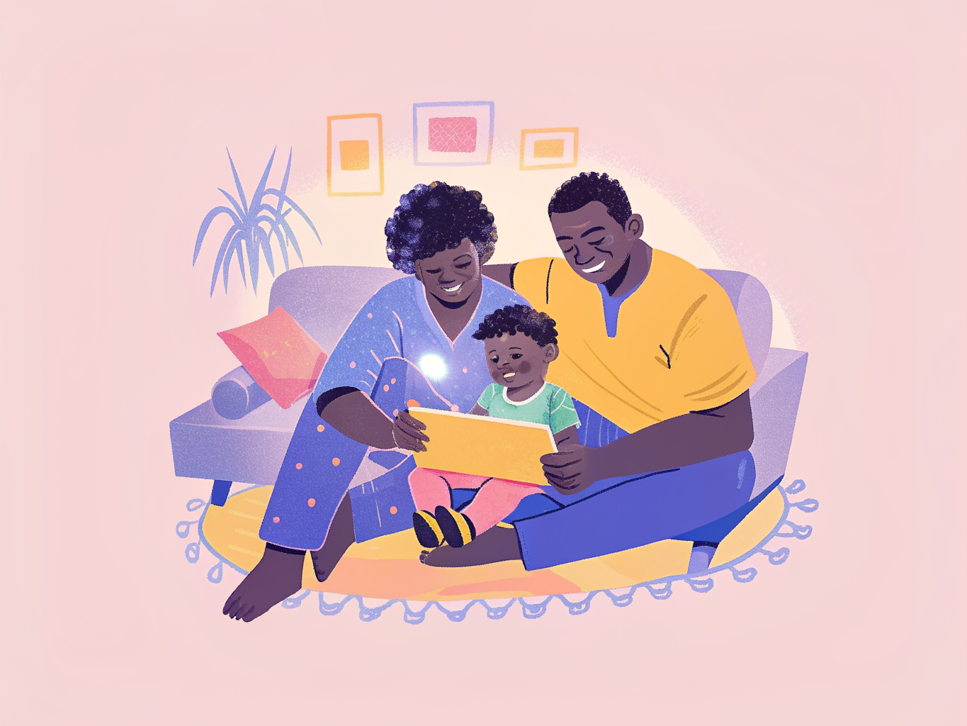 Padre, madre e hijo creando juntos en una tablet